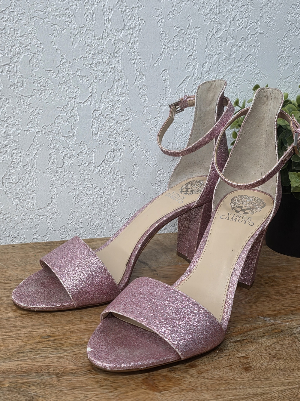 Vince Camuto Rose Pink Glitter Ankle-Strap Block Heels